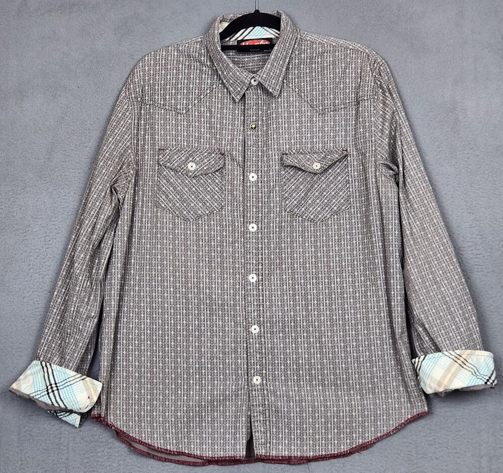 MAMBO AUSTRALIA Shirt Mens Large Gray Button Up Flip Cuff Roll Tab Sleeves